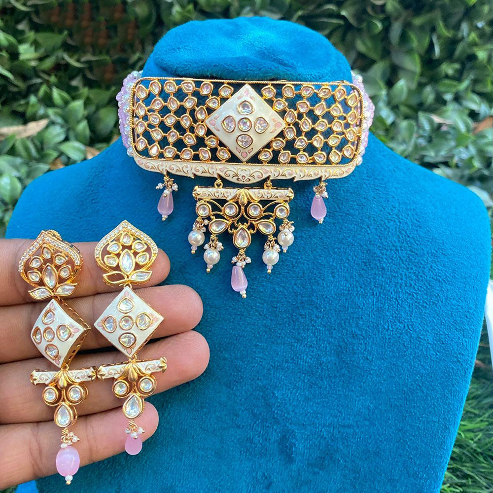 Amoliya Jewels Designer Polki Kundan Stone And Pearl Meenakari Choker Necklace Set