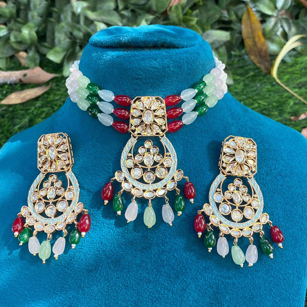 Amoliya Jewels Designer Polki Kundan Stone And Pearl Meenakari Choker Necklace Set