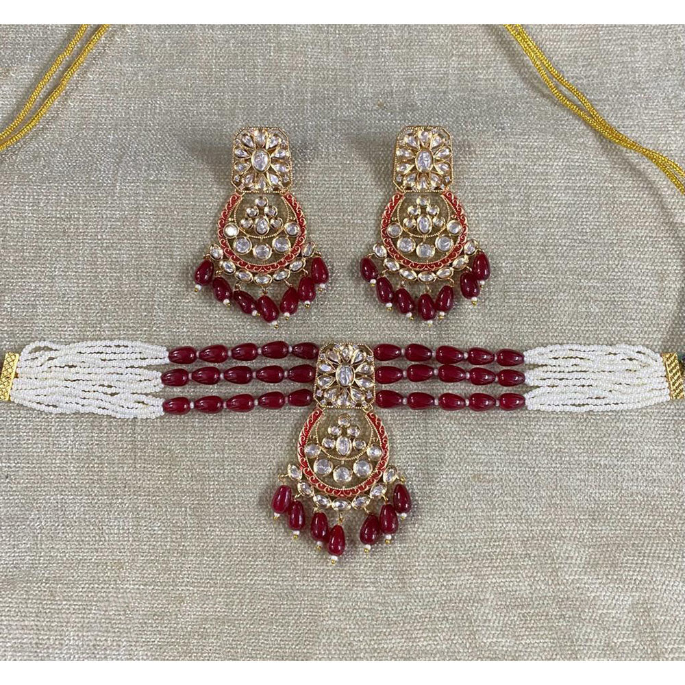Amoliya Jewels Designer Polki Kundan Stone And Pearl Meenakari Choker Necklace Set