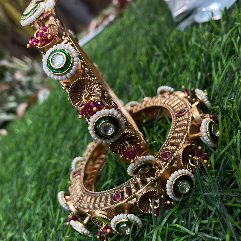 Amoliya Jewels Elegant Pota Stone And Pearl Meenakari Designer Bangles Set