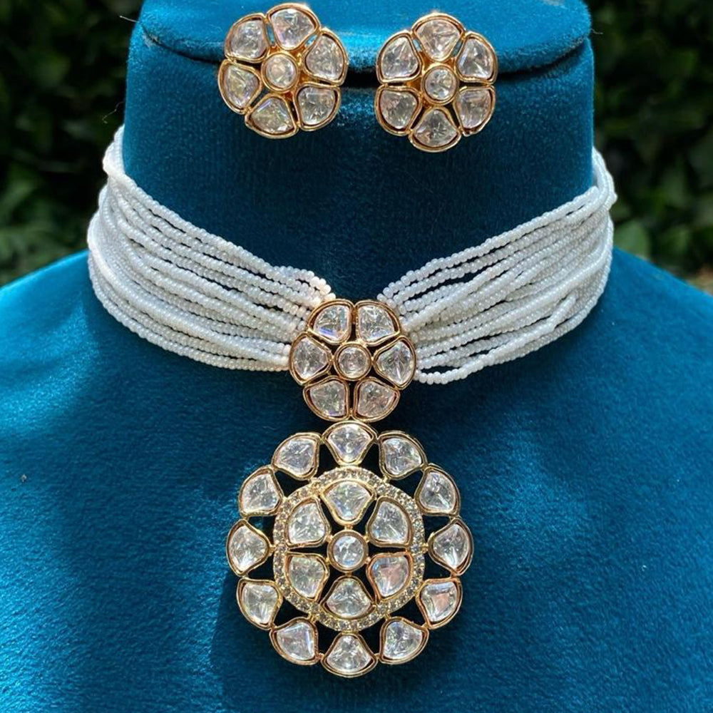 Amoliya Jewels Designer Polki Kundan Stone And Pearl Choker Necklace Set