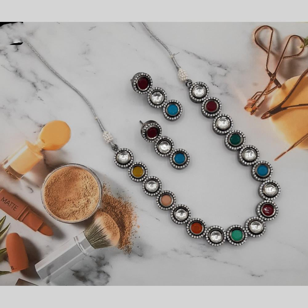 Amoliya Jewels Antique Oxidised Multicolor Pota Stone Jewelry Set