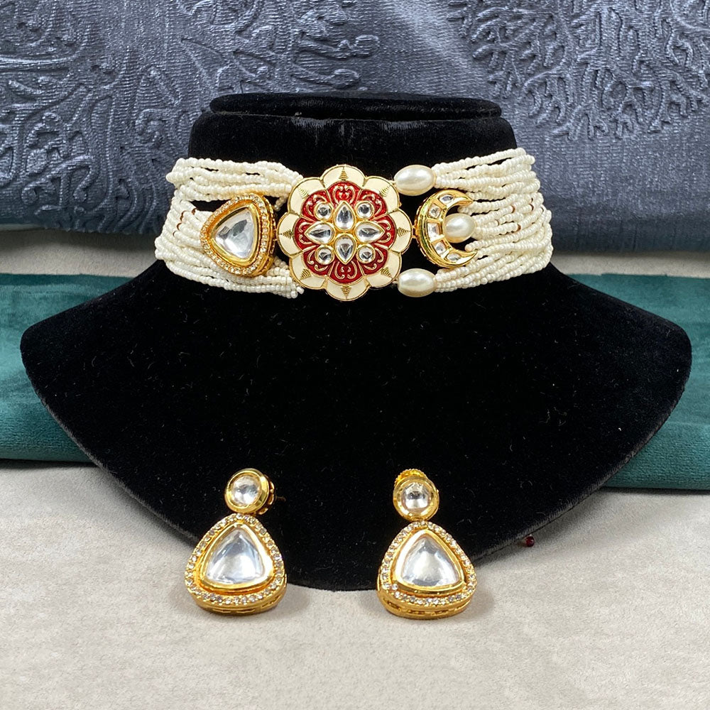 Amoliya Jewels Heritage Kundan And Pearl Meenakari Choker Necklace Set
