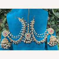 Amoliya Jewels Designer Pota Stone Pearl And Crystal Jhumki Set With Maangtikka