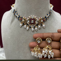 Amoliya Jewels Designer Polki Kundan Stone And Pearl Choker Necklace Set