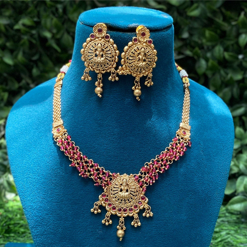 Amoliya Jewels Gold Plated Pota Stone And Pearls Temple Necklace Set