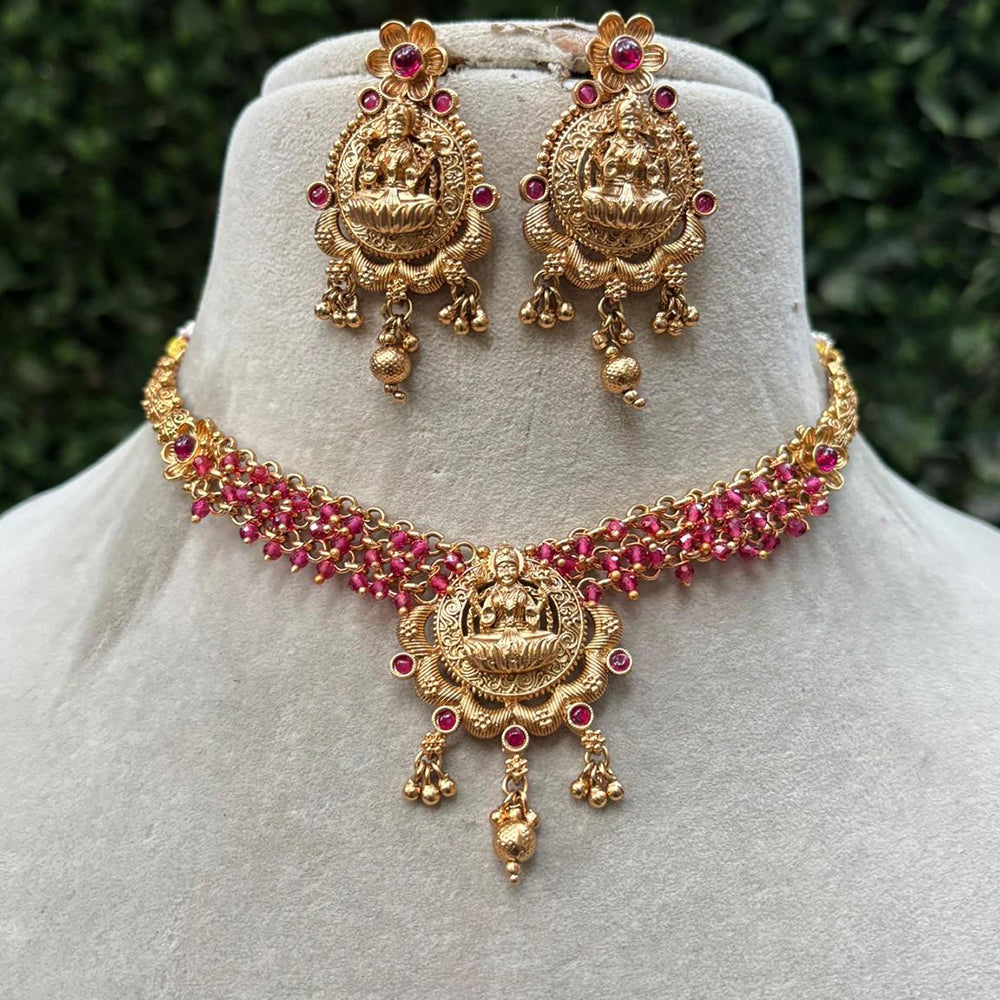 Amoliya Jewels Gold Plated Pota Stone And Pearls Temple Necklace Set