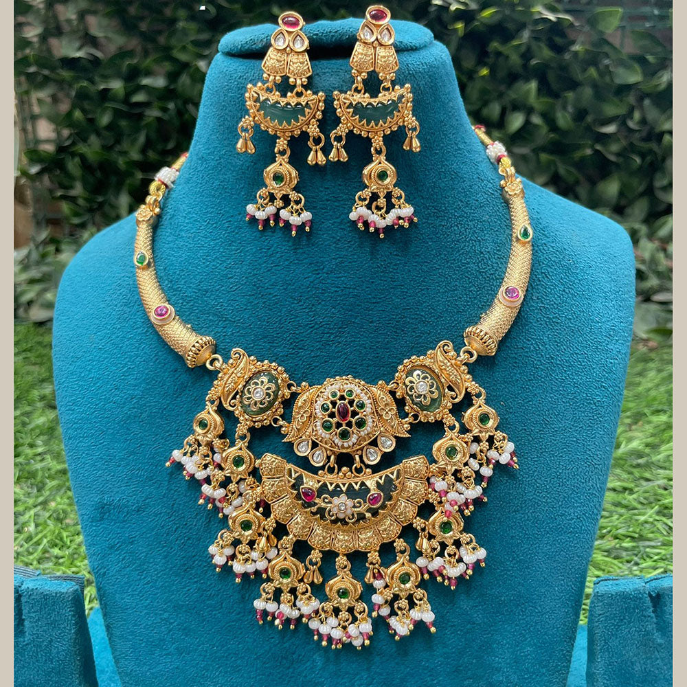 Amoliya Jewels Premium Pota Stone And Pearl Necklace Set 