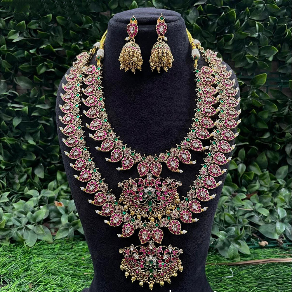 Amoliya Jewels Premium Pota Stone And Pearl Double Necklace Set 