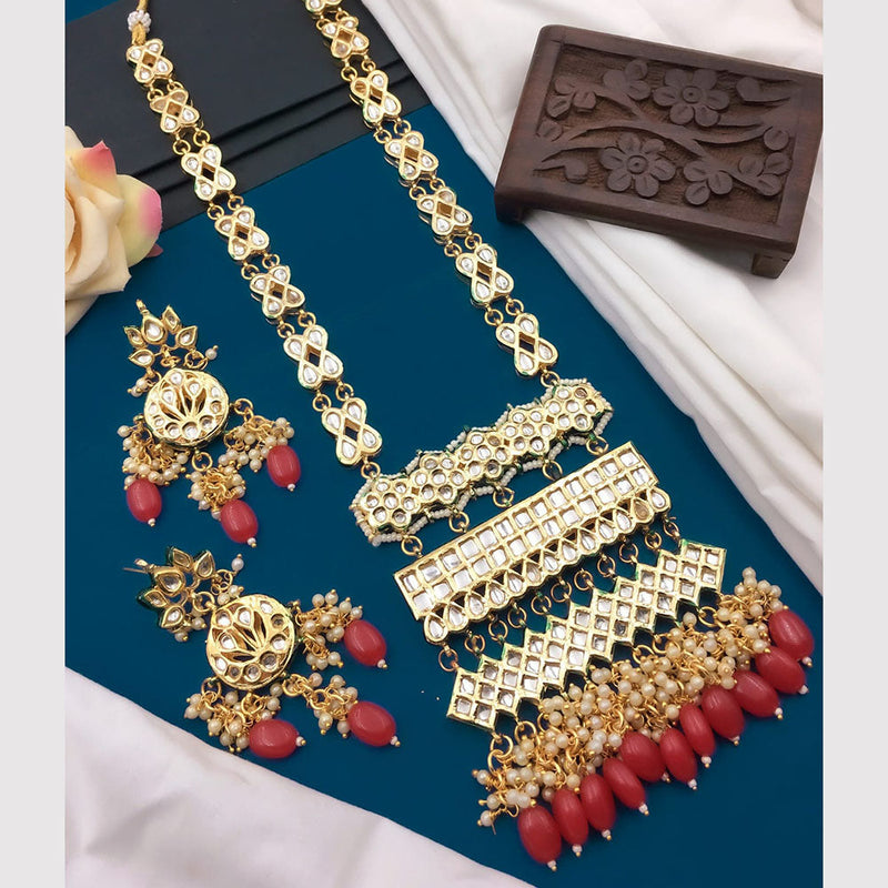 5G Jewellery Gold Plated Kundan Stone And Beads Long Necklace Set