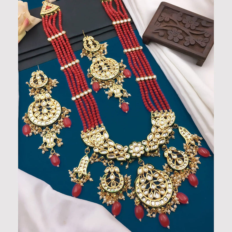 5G Jewellery Gold Plated Kundan Stone And Beads Long Necklace Set