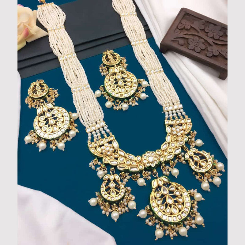 5G Jewellery Gold Plated Kundan Stone And Beads Long Necklace Set