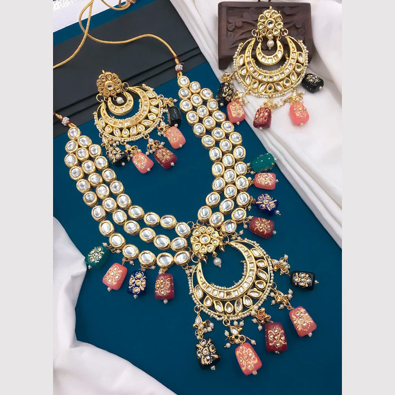 5G Jewellery Gold Plated Kundan Stone And Beads Long Necklace Set