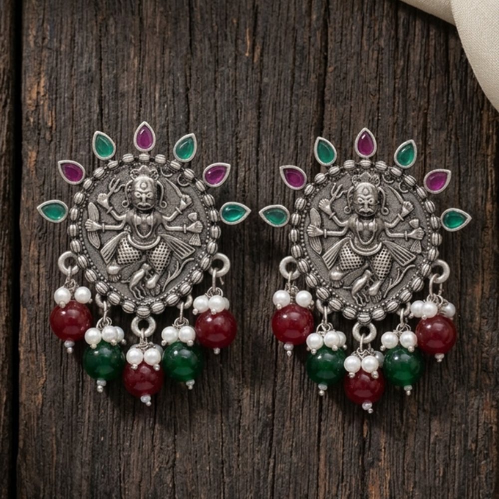Wearhouse Fashion Oxidised Plated Pota Stone And Pearl Dangler Earrings