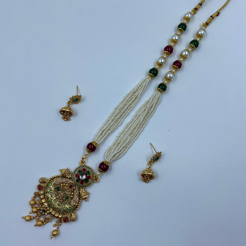 The Fashion Jewels Gold Plated Pota Stone And Pearl Long Necklace Set