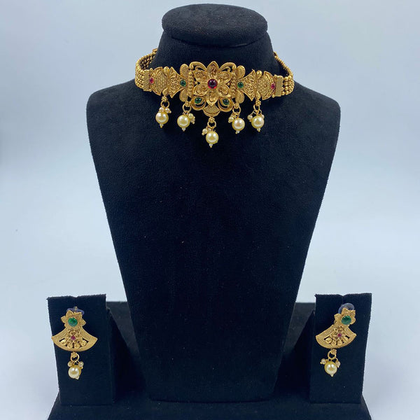 The Fashion Jewels Gold Plated Pota Stone And Pearl Choker Necklace Set