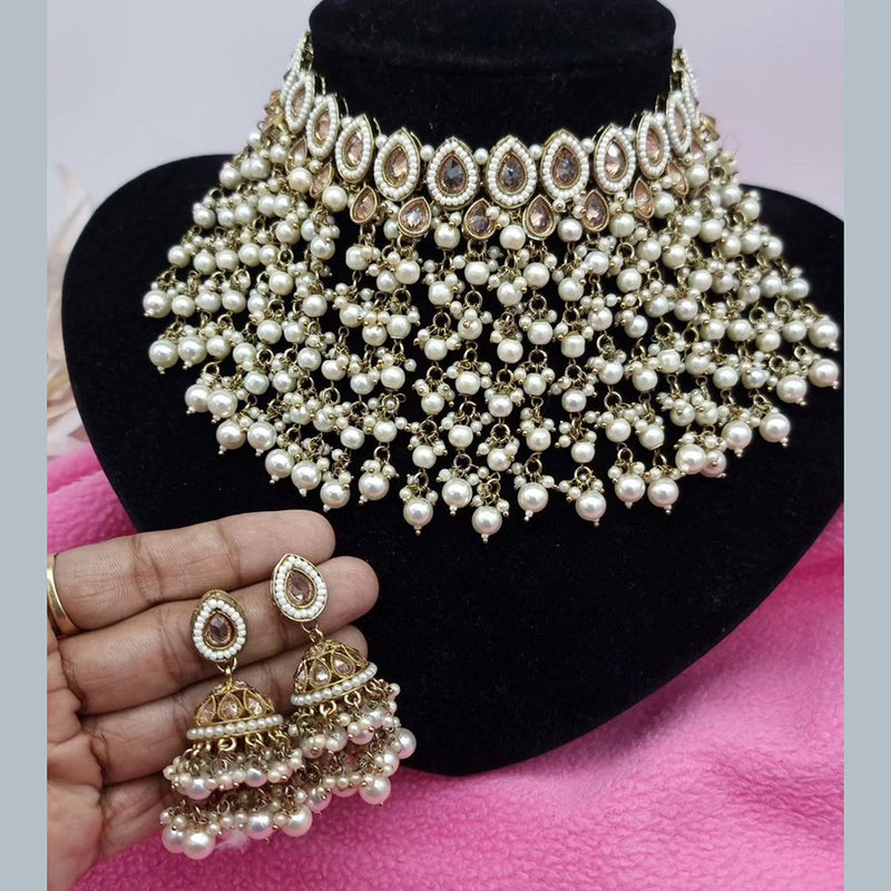 Anjali Jewellery Gold Plated Crystal Stone Pearl And Beads Choker Necklace Set