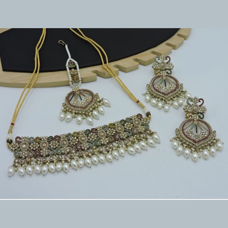 Anjali Jewellery Gold Plated Crystal Stone And Beads Choker Necklace Set