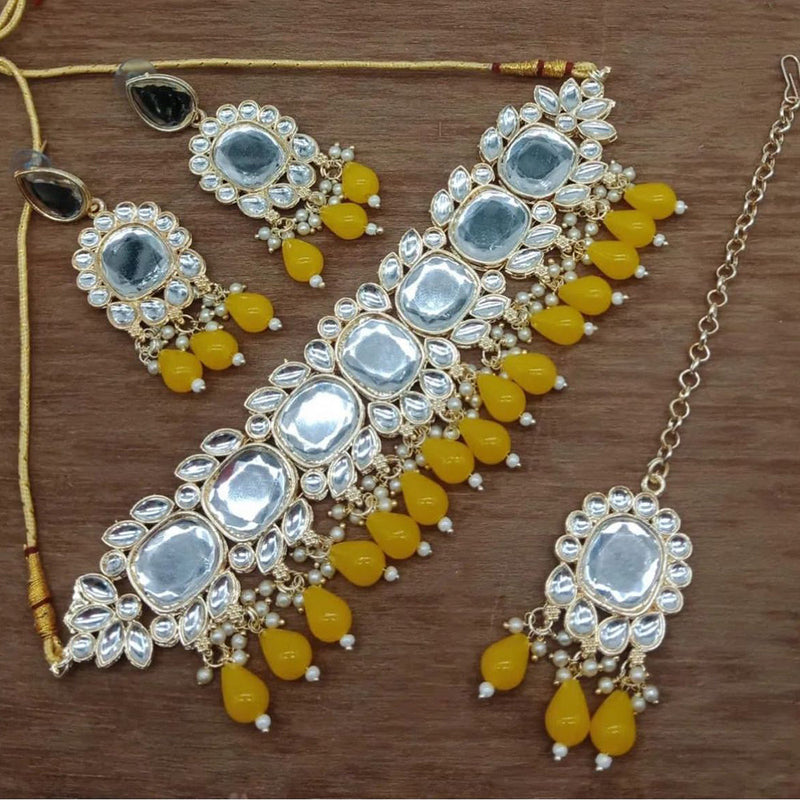 Anjali Jewellery Gold Plated Kundan Stone And Beads Choker Necklace Set