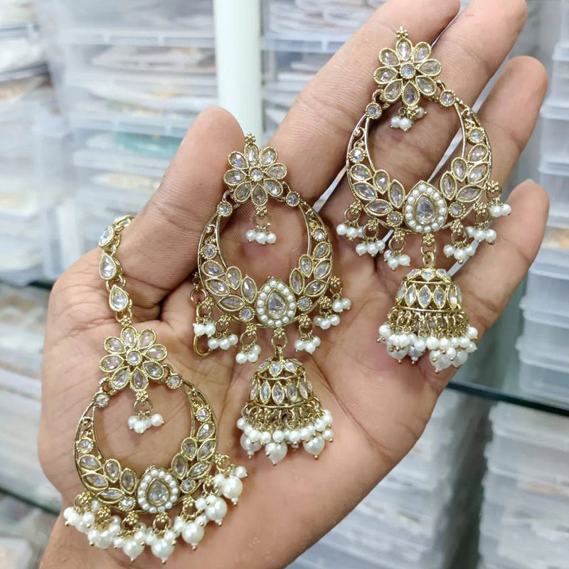 Anjali Jewellery Gold Plated Crystal Stone Pearl And Beads Kanchain Jhumki Earrings