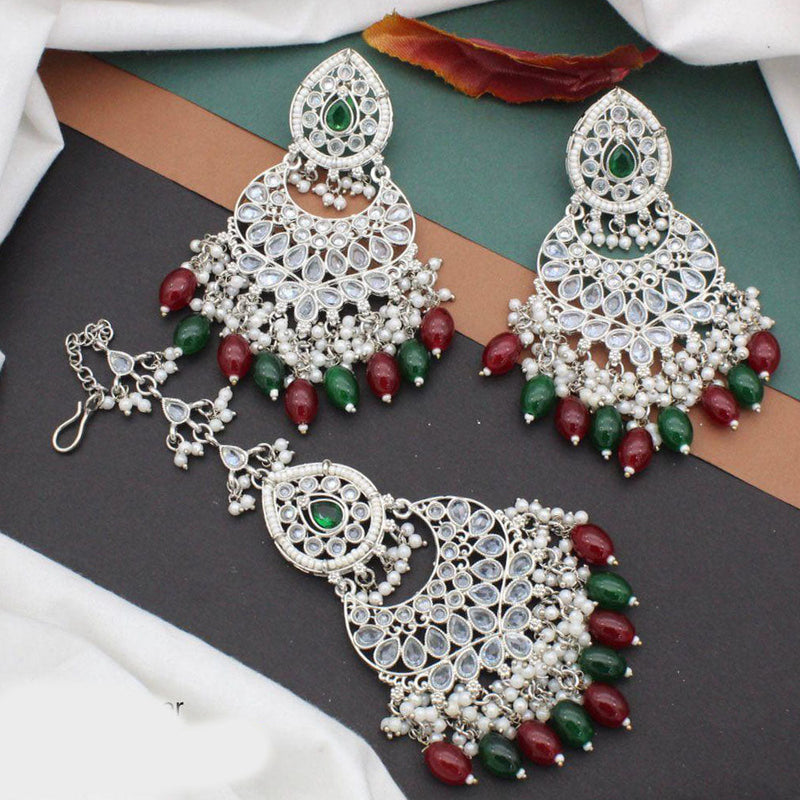 Anjali Jewellery Gold Plated Crystal Stone Pearl And Beads Earrings With Mangtikka