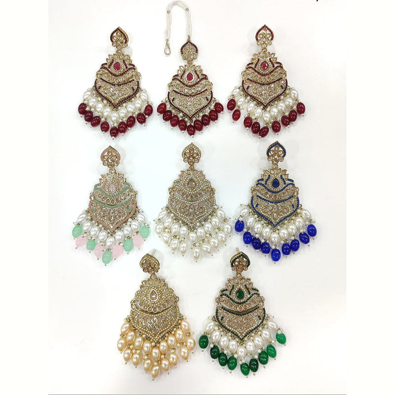 Anjali Jewellery Gold Plated Crystal Stone And Pearls Dangler Earrings With Maangtikka