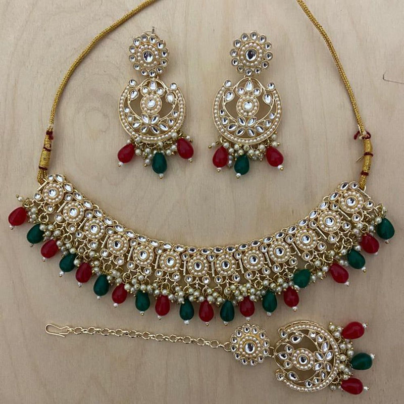 Anjali Jewellery Gold Plated Kundan Stone And Beads Choker Necklace Set