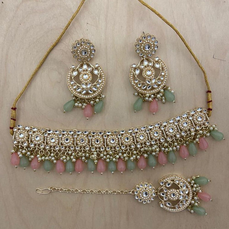 Anjali Jewellery Gold Plated Kundan Stone And Beads Choker Necklace Set