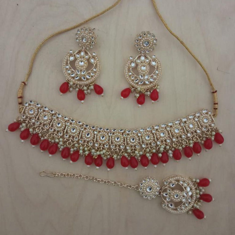 Anjali Jewellery Gold Plated Kundan Stone And Beads Choker Necklace Set