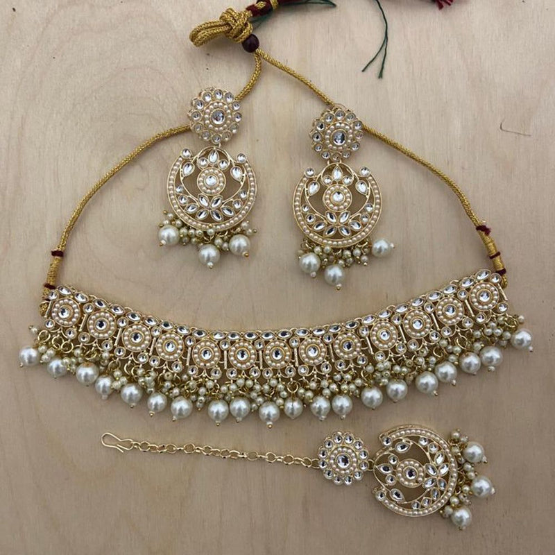 Anjali Jewellery Gold Plated Kundan Stone And Beads Choker Necklace Set