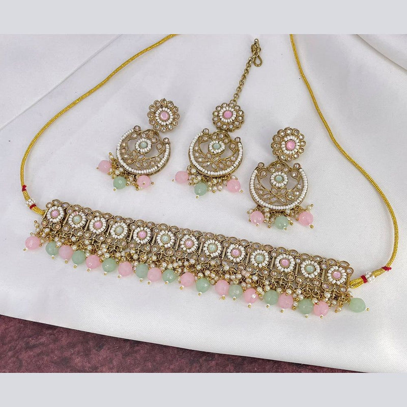 Anjali Jewellery Gold Plated Crystal Stone And Beads Choker Necklace Set