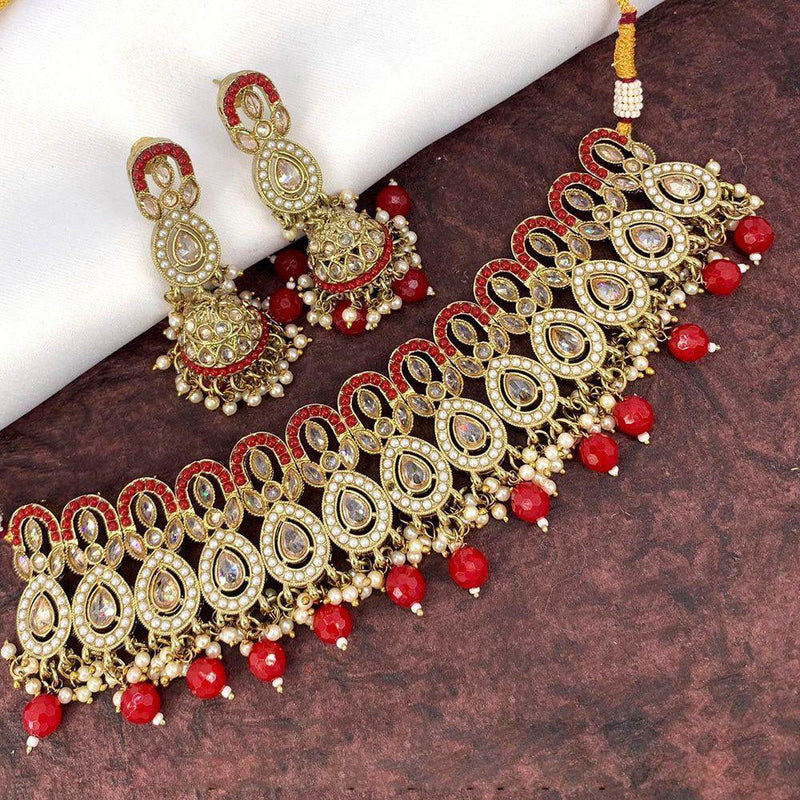 Anjali Jewellery Gold Plated Crystal Stone And Pearls Choker Necklace Set