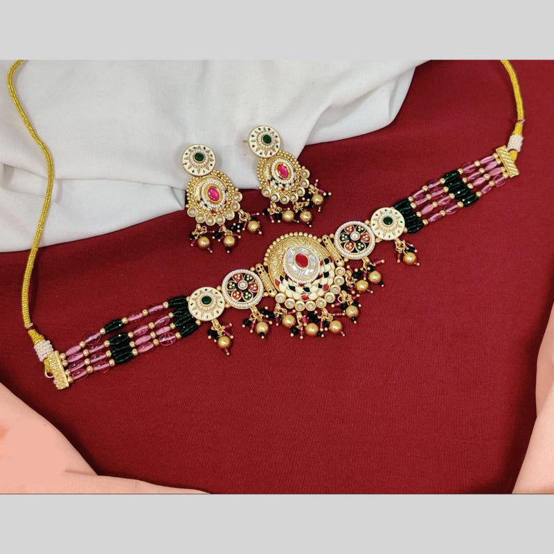 Anjali Jewellery Gold Plated Pota Stone And Meenakari Beads Choker Necklace Set