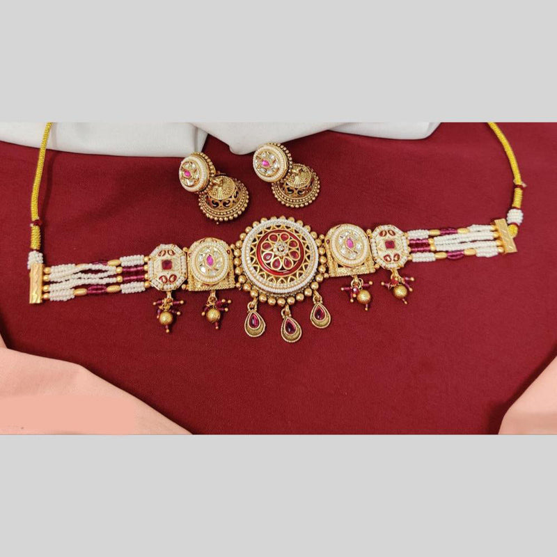 Anjali Jewellery Gold Plated Pota Stone And Meenakari Beads Choker Necklace Set