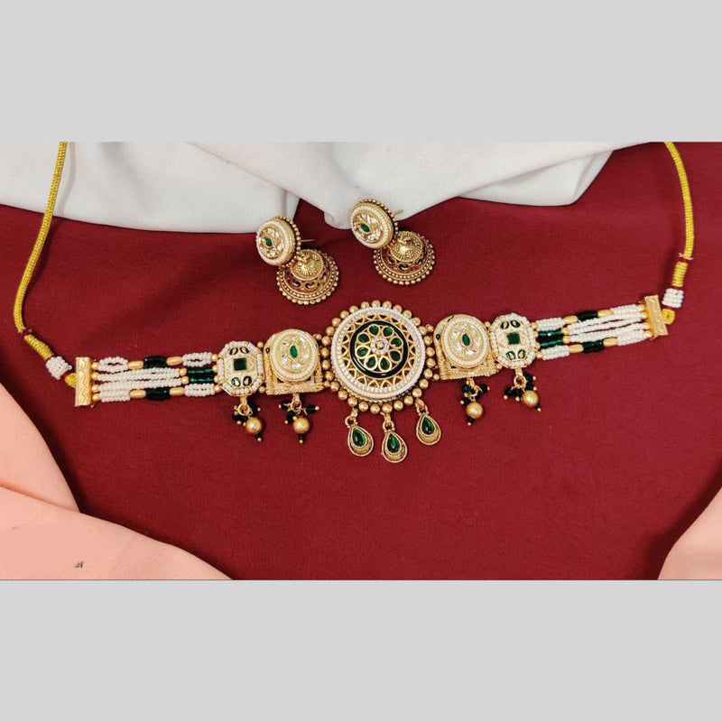 Anjali Jewellery Gold Plated Pota Stone And Meenakari Beads Choker Necklace Set