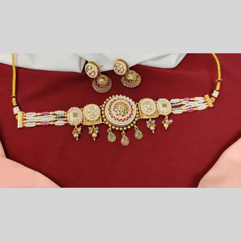 Anjali Jewellery Gold Plated Pota Stone And Meenakari Beads Choker Necklace Set