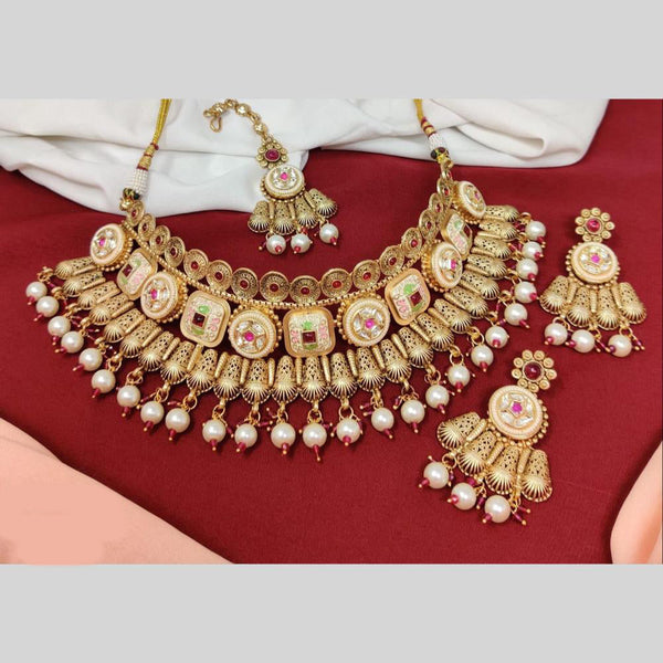 Anjali Jewellery Gold Plated Pota Stone And Meenakari Beads Choker Necklace Set