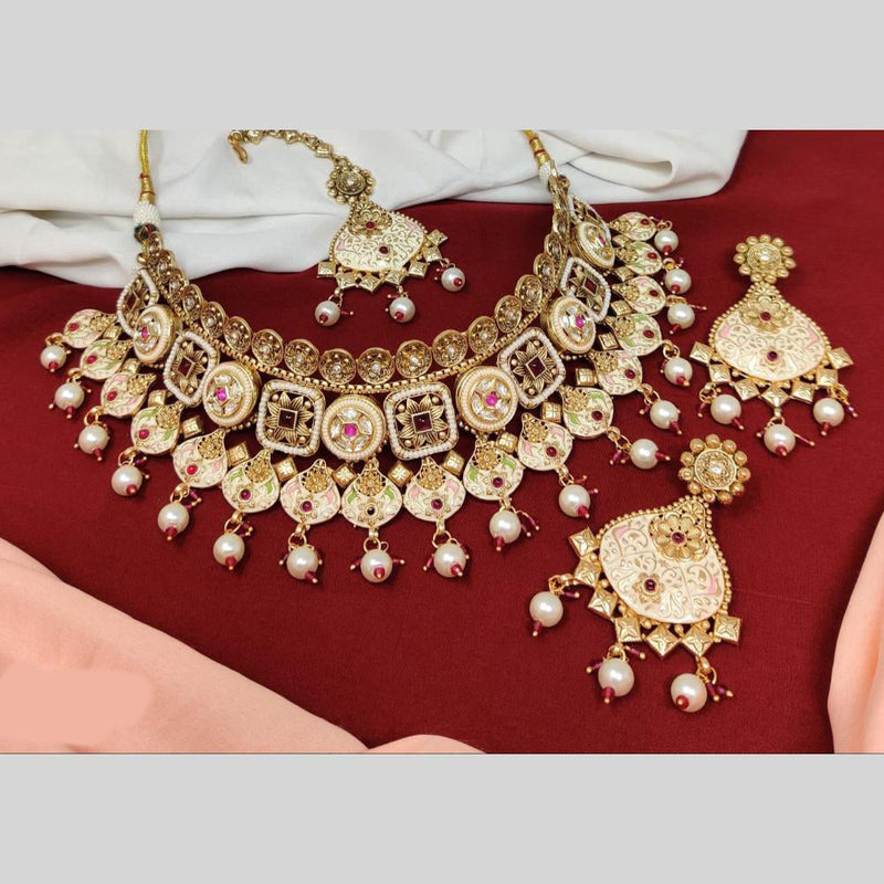 Anjali Jewellery Gold Plated Pota Stone And Meenakari Beads Choker Necklace Set