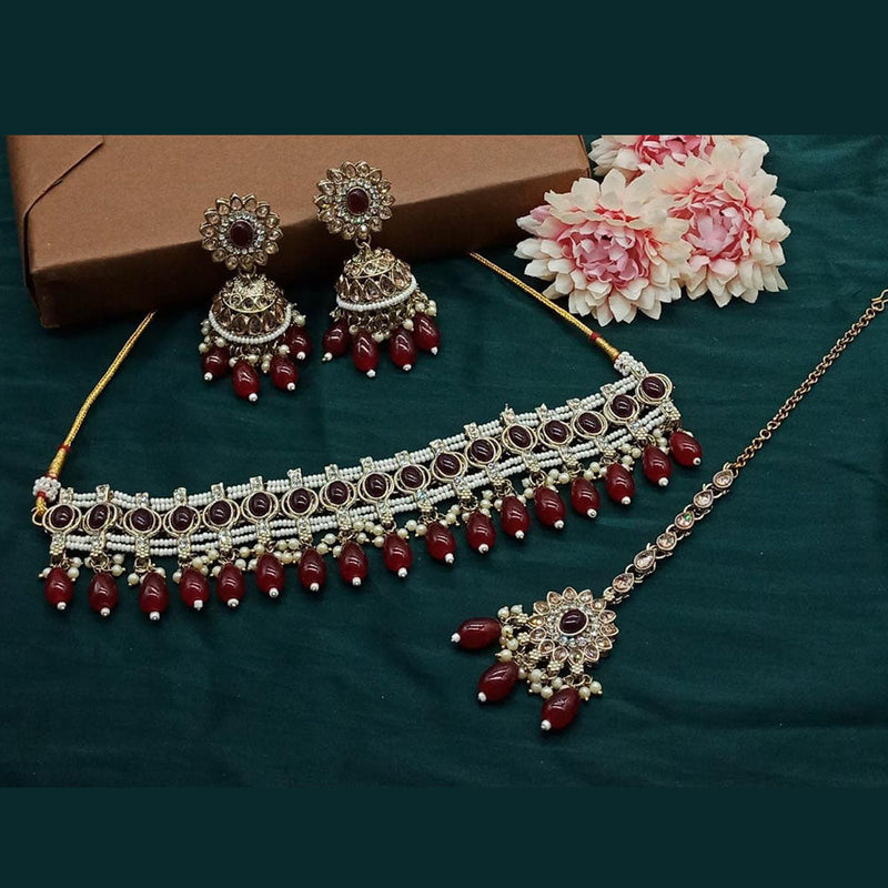 Anjali Jewellery Gold Plated Kundan Stone And Pearls Choker Necklace Set