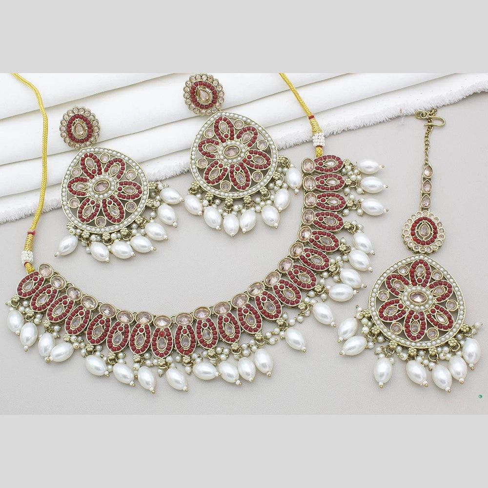 Anjali Jewellery Gold Plated Pota Stone And Pearls Necklace Set Red