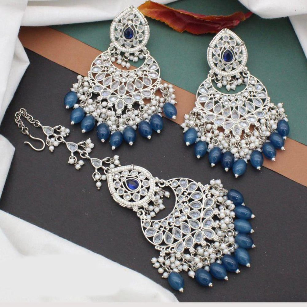 Anjali Jewellery Silver Plated Crystal Stone And Pearls Dangler Earrings With Maangtikka