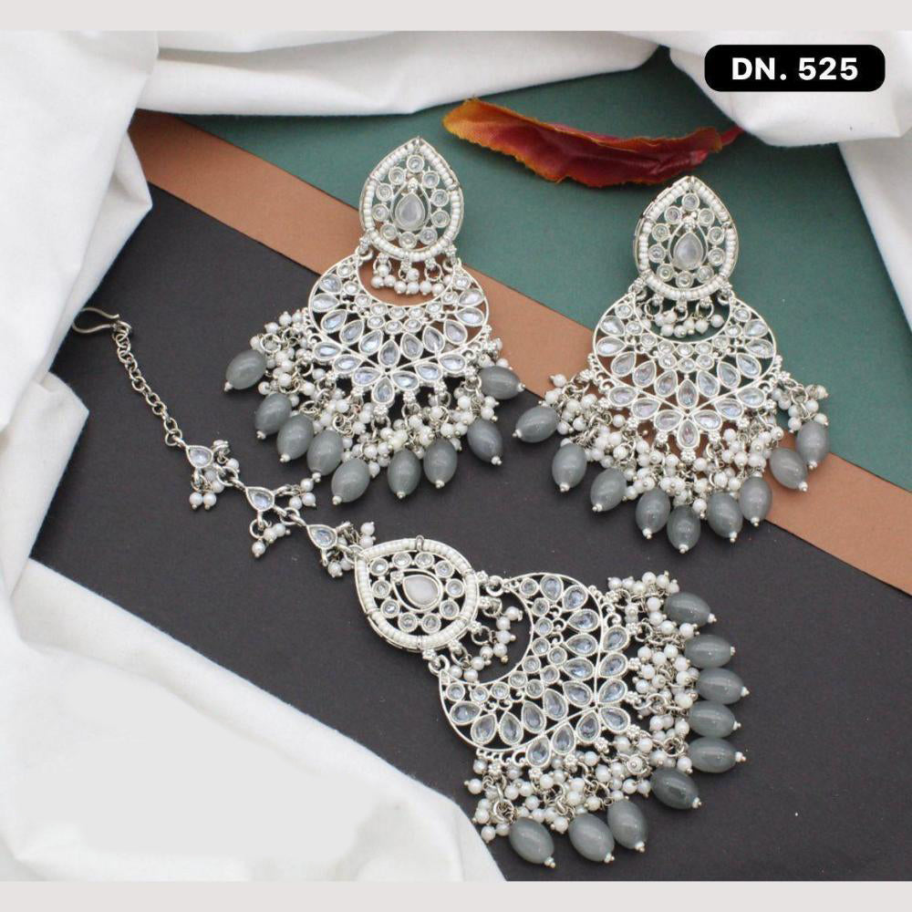 Anjali Jewellery Silver Plated Crystal Stone And Pearls Dangler Earrings With Maangtikka