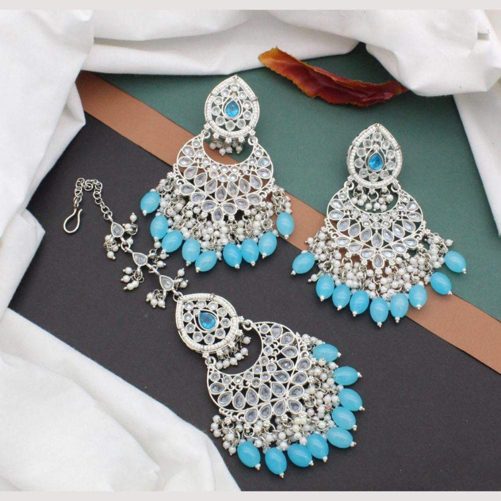 Anjali Jewellery Silver Plated Crystal Stone And Pearls Dangler Earrings With Maangtikka