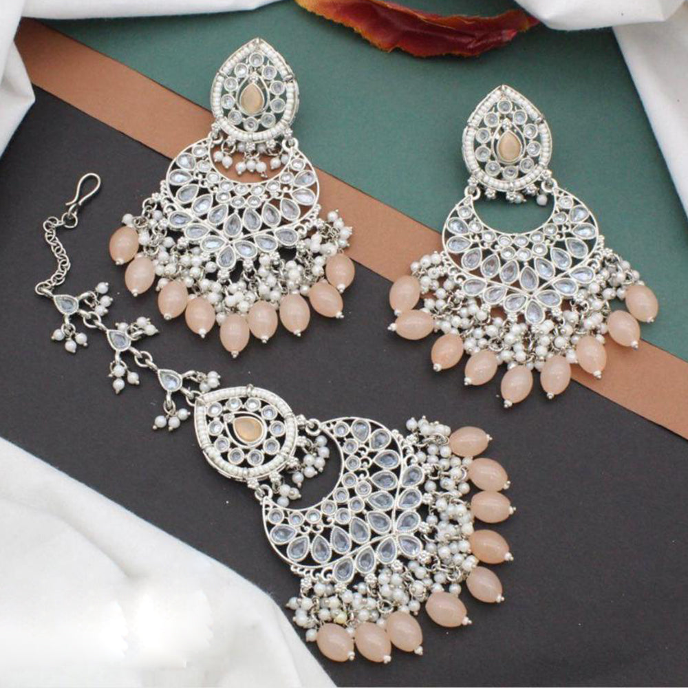 Anjali Jewellery Silver Plated Crystal Stone And Pearls Dangler Earrings With Maangtikka