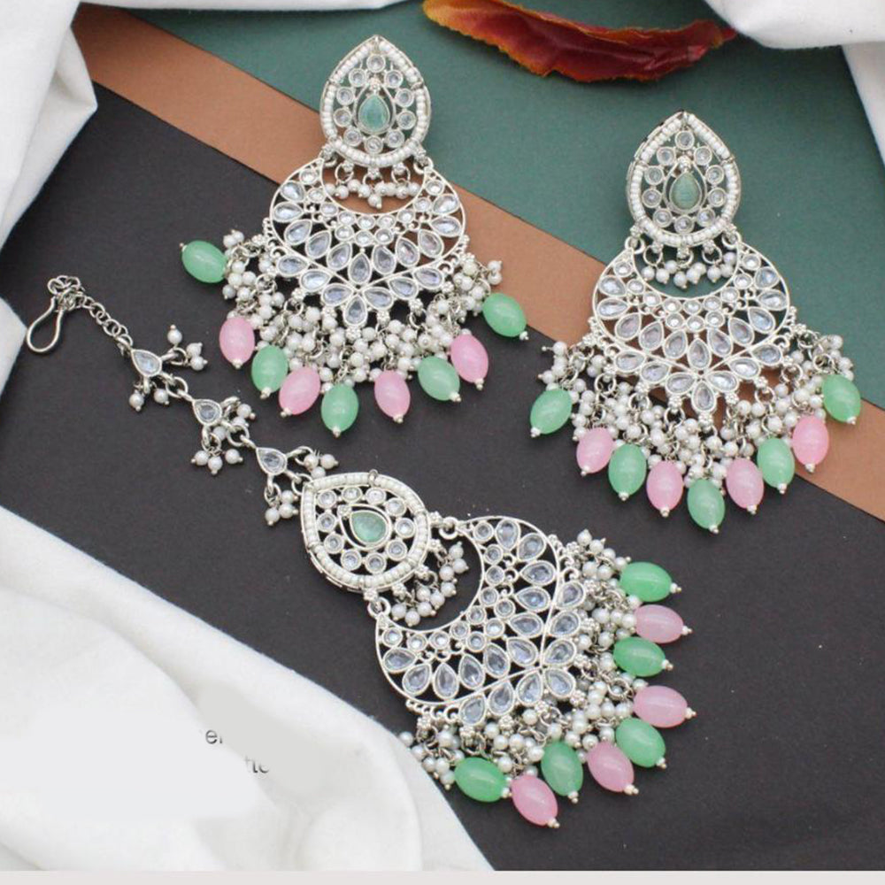 Anjali Jewellery Silver Plated Crystal Stone And Pearls Dangler Earrings With Maangtikka
