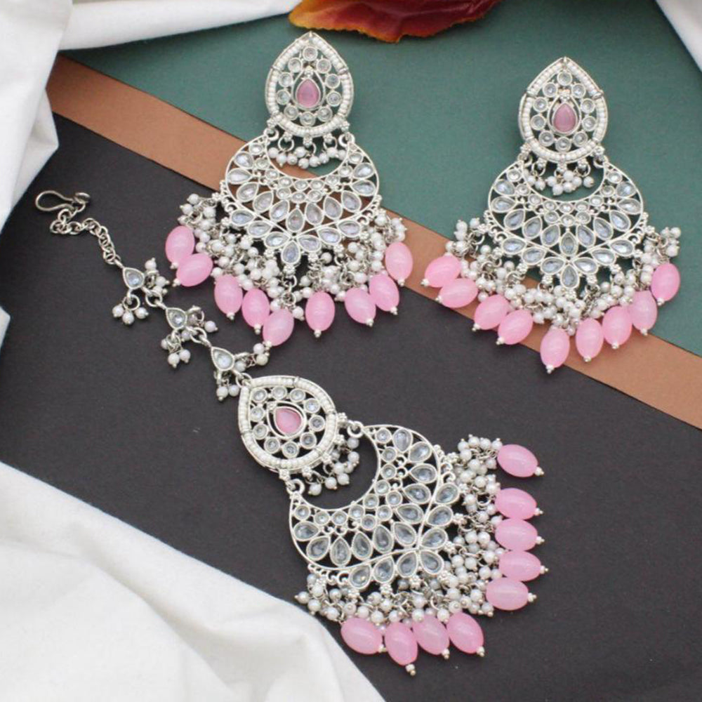 Anjali Jewellery Silver Plated Crystal Stone And Pearls Dangler Earrings With Maangtikka