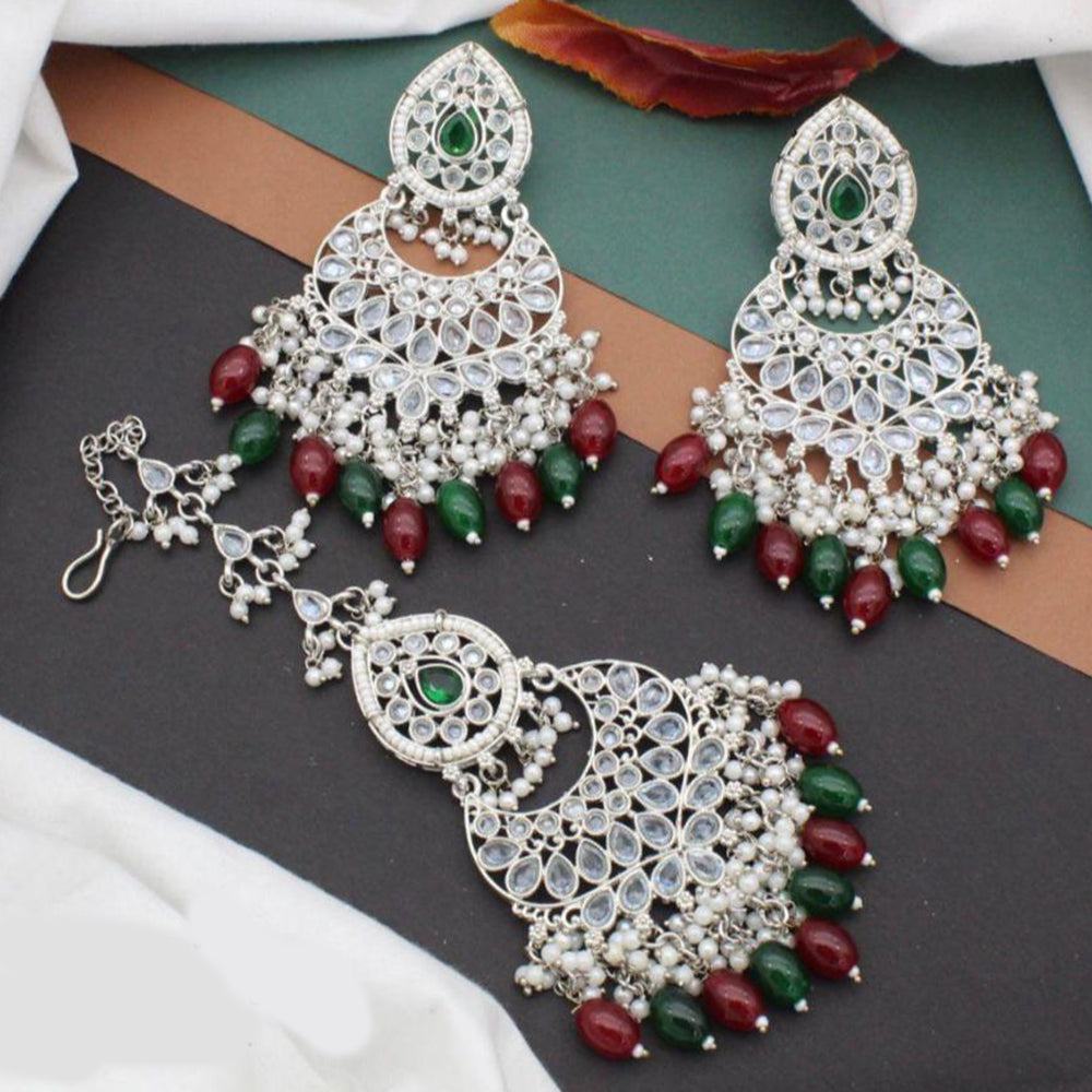 Anjali Jewellery Silver Plated Crystal Stone And Pearls Dangler Earrings With Maangtikka