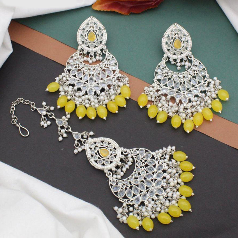 Anjali Jewellery Silver Plated Crystal Stone And Pearls Dangler Earrings With Maangtikka