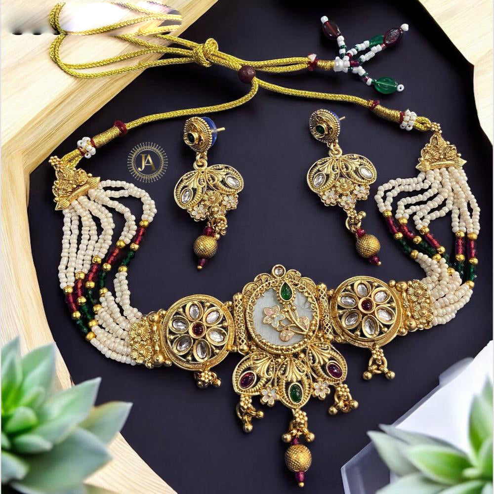 Anjali Jewellery Ethnic Elegance Pota Stone And Meenakari Pearls Choker Necklace Set
