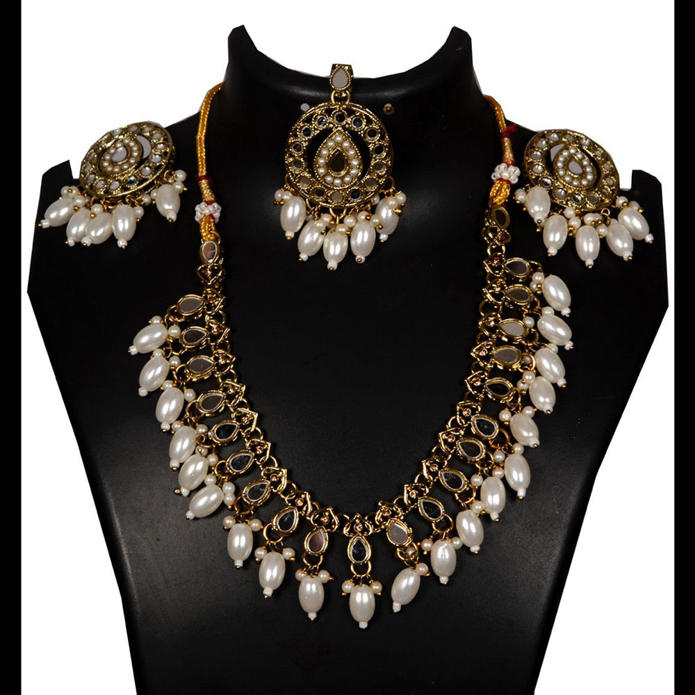 Anjali Jewellery Elegant Mirror and Pearl Necklace set with Earrings and Mangtikka